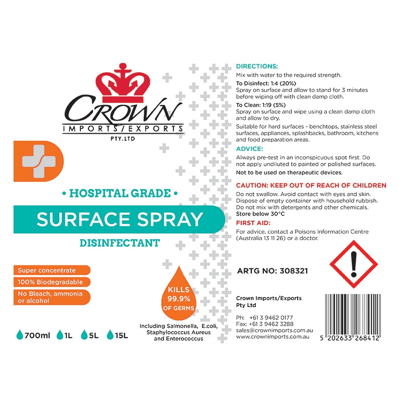 Hospital Grade Disinfectant Concentrate Surface Spray TGA Approved 700mL